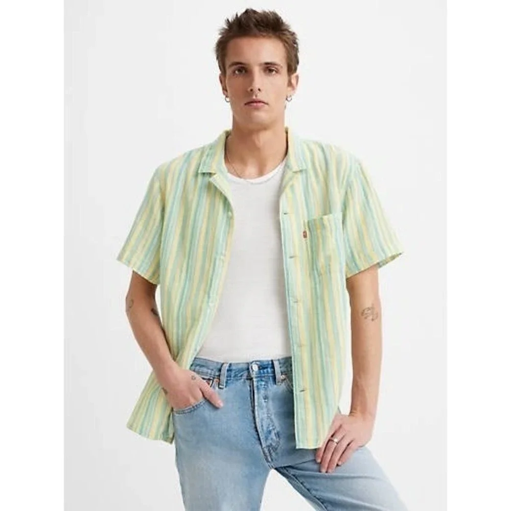 Levis Button Up L Yellow Blue Stripe Relaxed Short Sleeve Coastal Gauze Retro